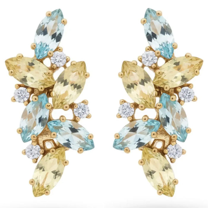 Natural Lemon Quartz and Sky Blue Topaz Silver Cluster Earrings by Fine Color Jewels