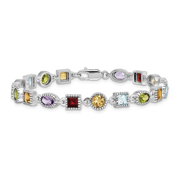 Natural Multi Stone Sterling Silver Birthstone Bracelet by Fine Color Jewels