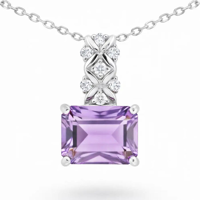 Natural Octagon Amethyst Silver Pendant Necklace by Fine Color Jewels
