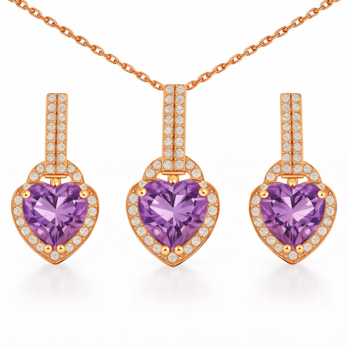 Natural Purple Amethyst Silver Heart Sterling Silver Jewelry Set by Fine Color Jewels