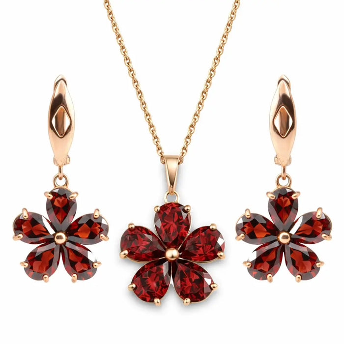 Natural Red Garnet Floral Sterling Silver Jewelry Set by Fine Color Jewels