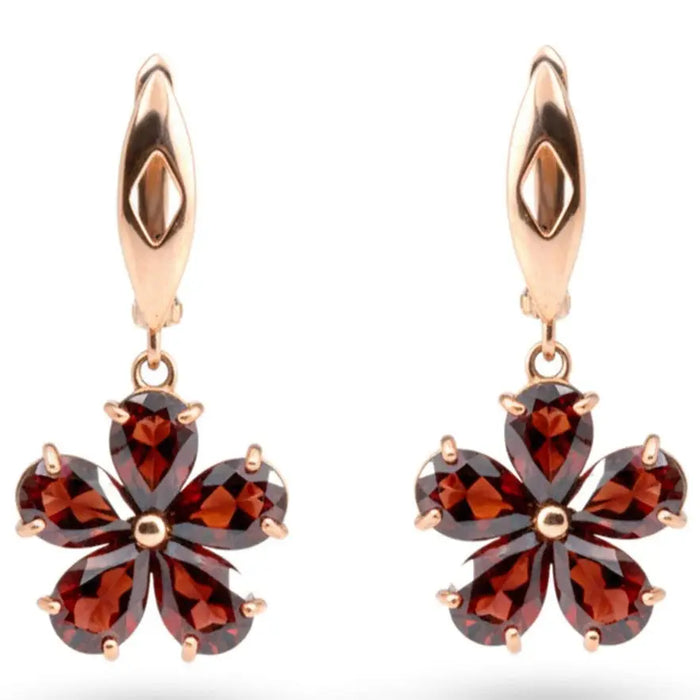 Natural Red Garnet Sterling Silver Flower Earrings by Fine Color Jewels