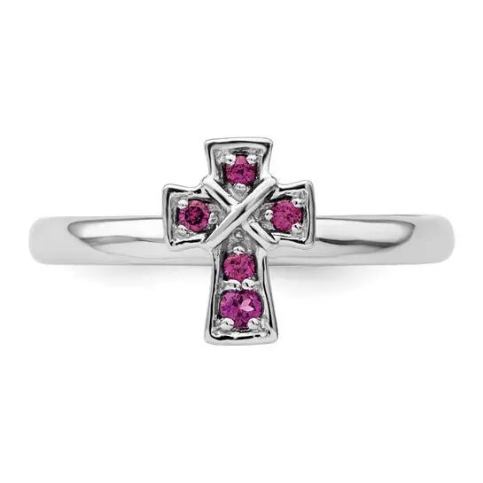 Natural Rhodolite Garnet Silver Stackable Cross Ring by Fine Color Jewels