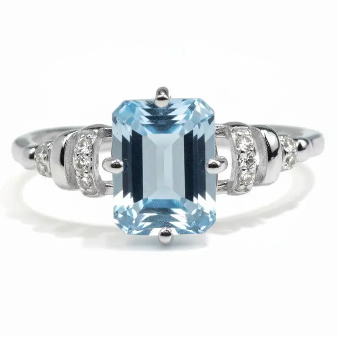 Natural Sky Blue Topaz Octagon Sterling Silver Pave Ring by Fine Color Jewels