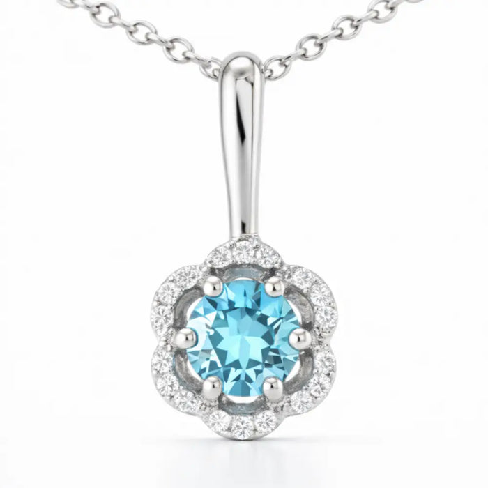 Natural Sky Blue Topaz Silver Floral Pave Necklace by Fine Color Jewels