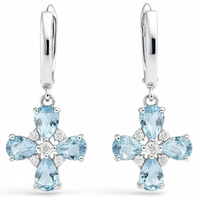 Natural Sky Blue Topaz Sterling Silver Floral Earrings by Fine Color Jewels
