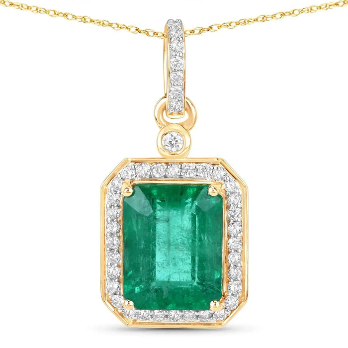 Natural Zambian Emerald White Diamond 14K Gold Halo Pendant by Fine Color Jewels