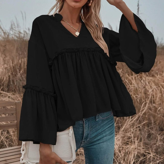 Notch Neck Frill Trim Flounce Sleeve Babydoll Blouse by DailySale