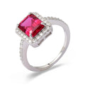 Octagon Created Pink Ruby Prong Silver Halo Ring by Fine Color Jewels