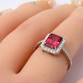 Octagon Created Pink Ruby Prong Silver Halo Ring by Fine Color Jewels