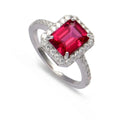 Octagon Created Pink Ruby Prong Silver Halo Ring by Fine Color Jewels