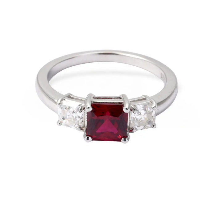 Octagon Red Lab Grown Ruby Prong Silver Three Stone Promise Ring by Fine Color Jewels