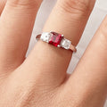 Octagon Red Lab Grown Ruby Prong Silver Three Stone Promise Ring by Fine Color Jewels