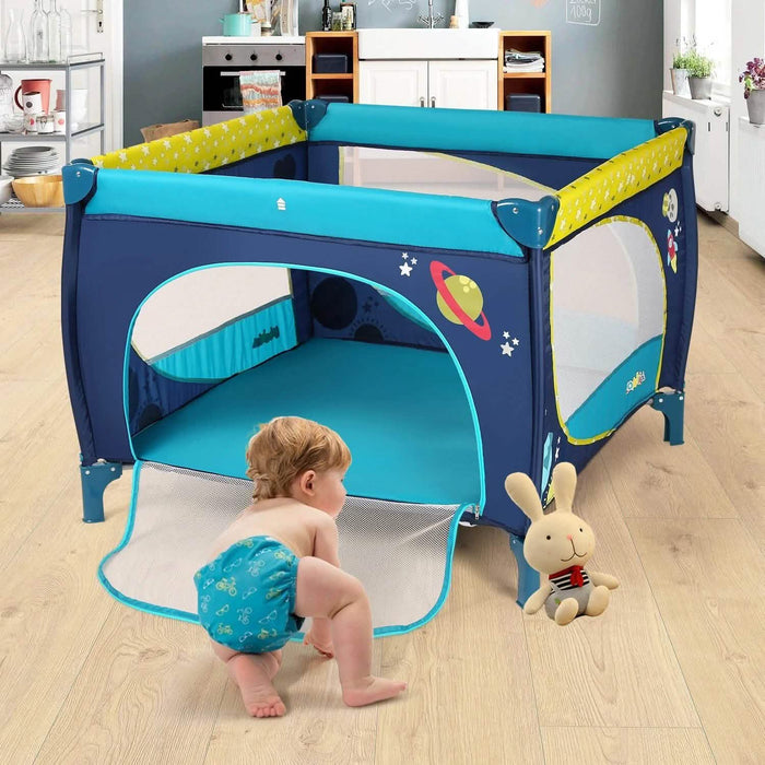Odoland 39''x 39'' Infant Toddler Foldable Playpen Playard With Mattress Rail Fence Blue by DailySale