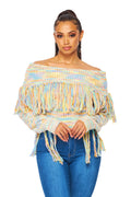 Multi Color Off the Shoulder Fringe Long Sleeve Sweater by The House of Stylez