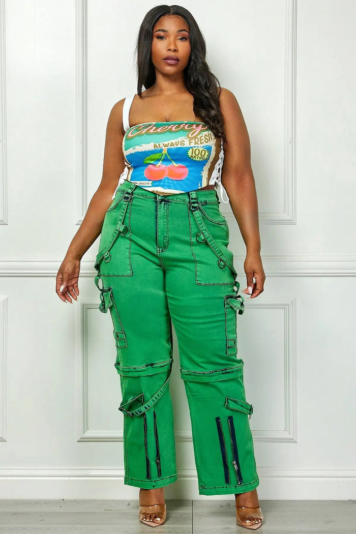Oh So Crafty Utility Cargo Plus Size Denim Pants - Green by Fasheabe