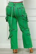 Oh So Crafty Utility Cargo Plus Size Denim Pants - Green by Fasheabe