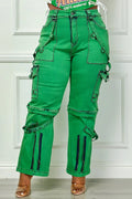 Oh So Crafty Utility Cargo Plus Size Denim Pants - Green by Fasheabe