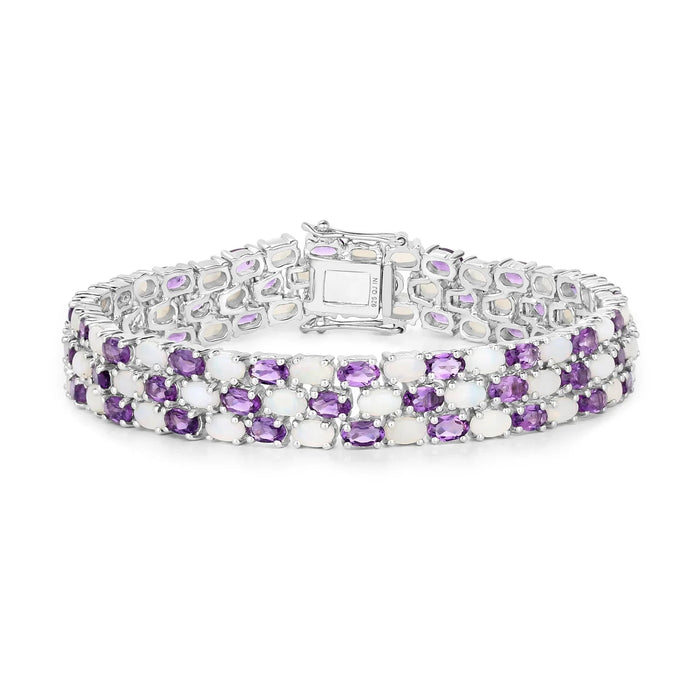 18.68 Cttw Oval White Opal and Purple Amethyst Prong Silver Three Row Tennis Bracelet by Fine Color Jewels