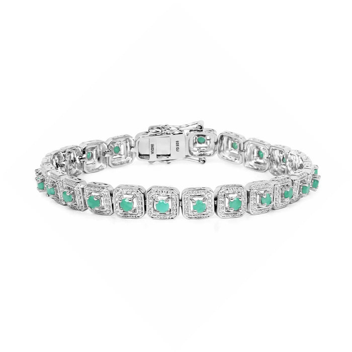 2.40 Ct Round Green Emerald Square Halo Sterling Silver Inline Tennis Bracelet by Fine Color Jewels