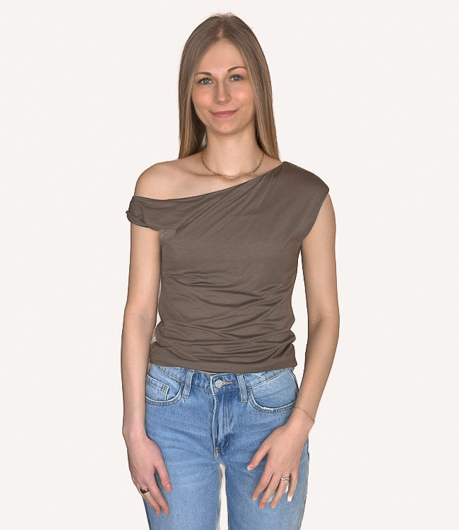 Asymmetrical One Shoulder Knit Top - Olive by Boutique 23