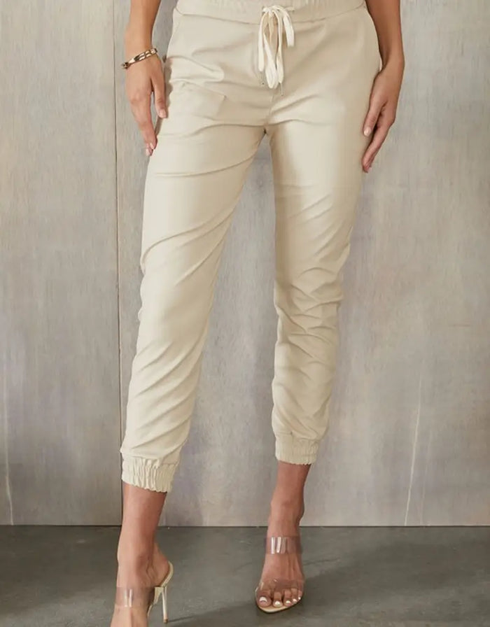 On The Go Faux Leather Joggers - Cream by Boutique 23
