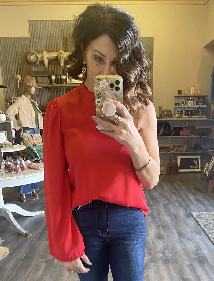 One Shoulder Trumpet Sleeve Top by Boutique 23