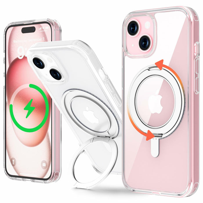 JASBON iPhone 15 Case 6.1 Clear Magnetic Kickstand 360° Rotatable Shockproof by Deal US