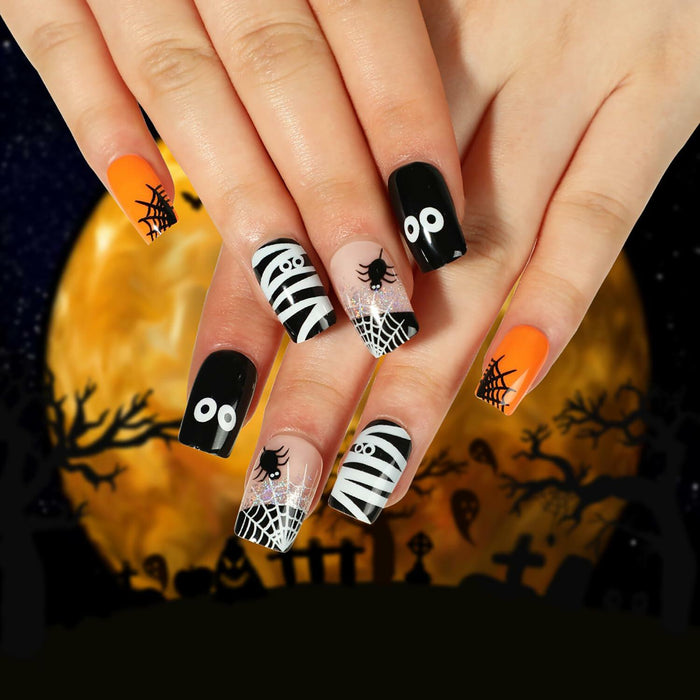 24Pcs Square Medium Press On Nails Halloween Spider Web Design False Nails by Deal US