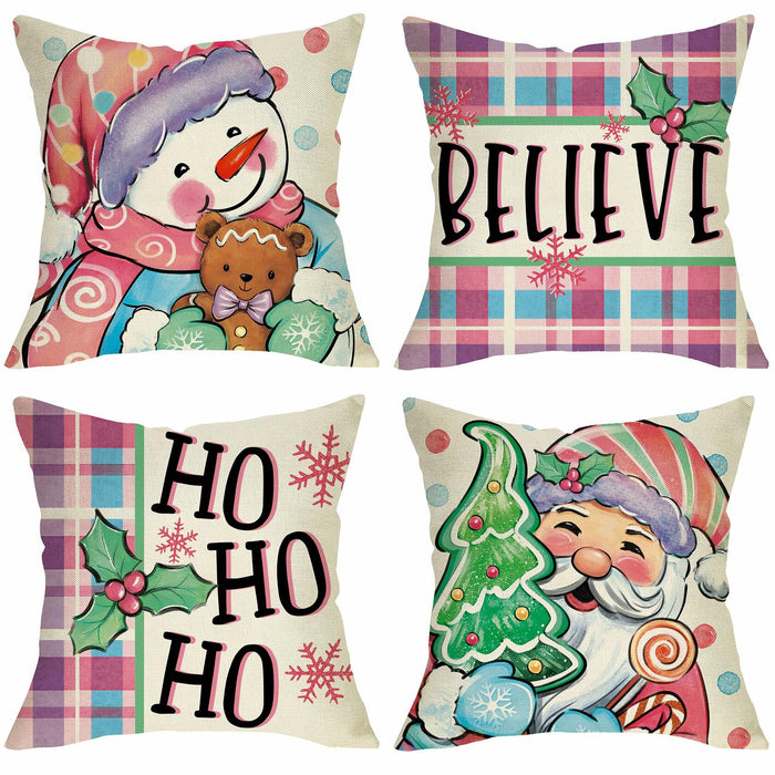 Fjfz Set of 4 Christmas Snowman Santa Pillow Covers 16x16 Plaid Polka Dot by Deal US