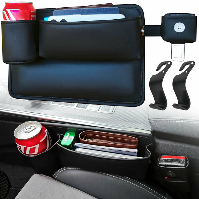 Upgrade Car Side Gap Filler Organizer Black with Cup Holder & Hooks by Deal US