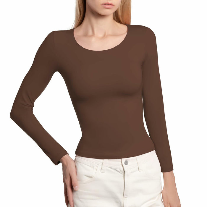 BRISIRA Women's Brown Long Sleeve Crop Top Slim Fit Scoop Neck Tee - Size M by Deal US