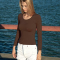 BRISIRA Women's Brown Long Sleeve Crop Top Slim Fit Scoop Neck Tee - Size M by Deal US