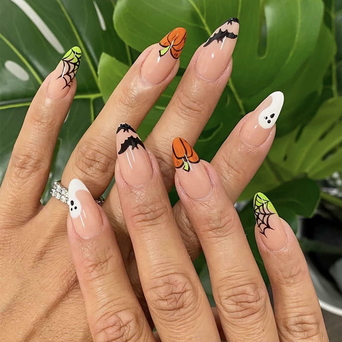 24 Pcs Halloween Acrylic Press On Nails Medium Almond Ghost Pumpkin Bat Design by Deal US