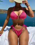 Zonsaoja Women's 2-Piece Ribbed Bikini Set Rose Cheeky Halter Top Size L by Deal US