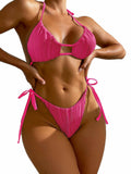 Zonsaoja Women's 2-Piece Ribbed Bikini Set Rose Cheeky Halter Top Size L by Deal US