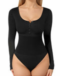 MANGOPOP Ribbed Long Sleeve Bodysuit Thong Seamless Tummy Control Black Size M by Deal US