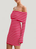 Wenrine Womens Off Shoulder Striped Knit Mini Dress Red Long Sleeve Size M by Deal US