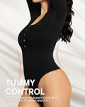 MANGOPOP Ribbed Long Sleeve Seamless Thong Bodysuit Black Size L by Deal US