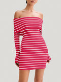 Wenrine Womens Off Shoulder Striped Knit Mini Dress Red Long Sleeve Size M by Deal US