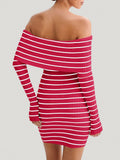 Wenrine Womens Off Shoulder Striped Knit Mini Dress Red Long Sleeve Size M by Deal US