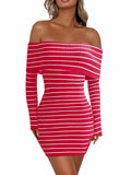 Wenrine Womens Off Shoulder Striped Knit Mini Dress Red Long Sleeve Size M by Deal US