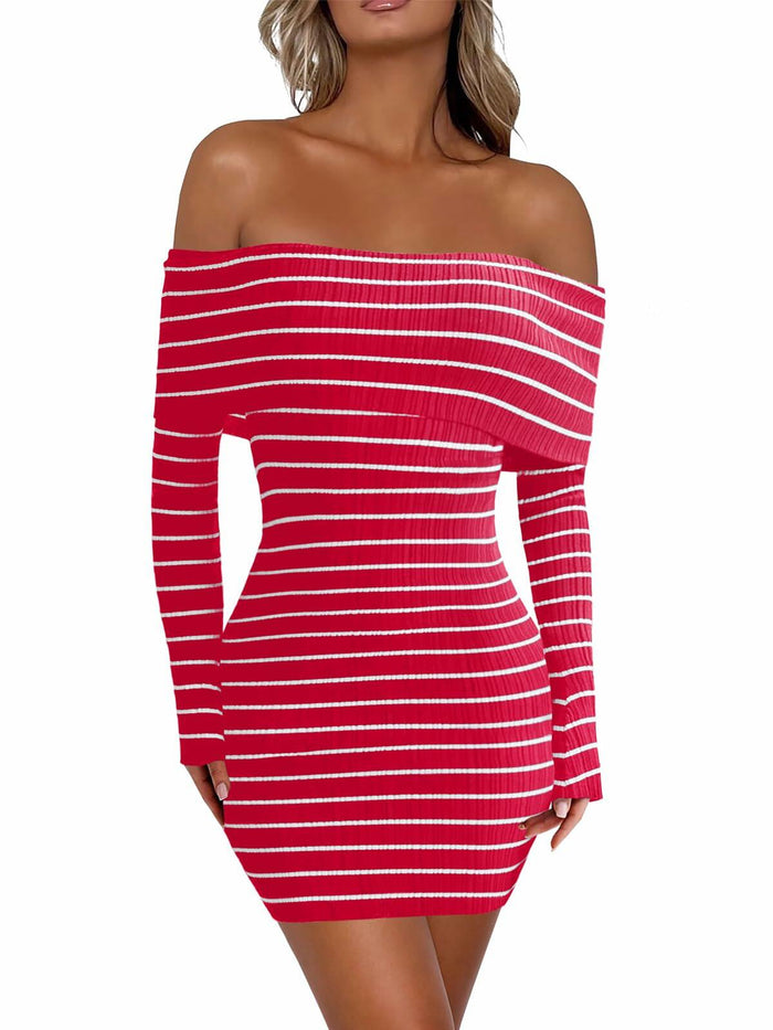Wenrine Womens Off Shoulder Striped Knit Mini Dress Red Long Sleeve Size M by Deal US