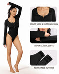 MANGOPOP Ribbed Long Sleeve Seamless Thong Bodysuit Black Size L by Deal US