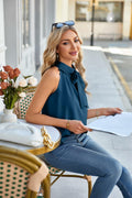 Women Sleeveless Tie Mock Neck Blouse Blue Lightweight Dressy Top Size XXL by Deal US