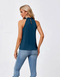 Women Sleeveless Tie Mock Neck Blouse Blue Lightweight Dressy Top Size XXL by Deal US