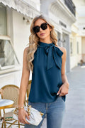 Women Sleeveless Tie Mock Neck Blouse Blue Lightweight Dressy Top Size XXL by Deal US