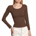 BRISIRA Women's Brown Long Sleeve Scoop Neck Crop Top Slim Fit Size S by Deal US