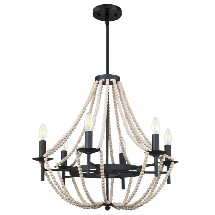3-Light Pendant Chandelier Nature Wood Beaded Boho Black Semi Flush 12x10.5" by Deal US