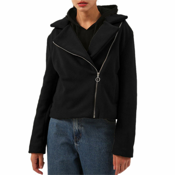 Amazhiyu Womens Faux-Sherpa Moto Zipper Jacket Black Medium Winter Coat by Deal US